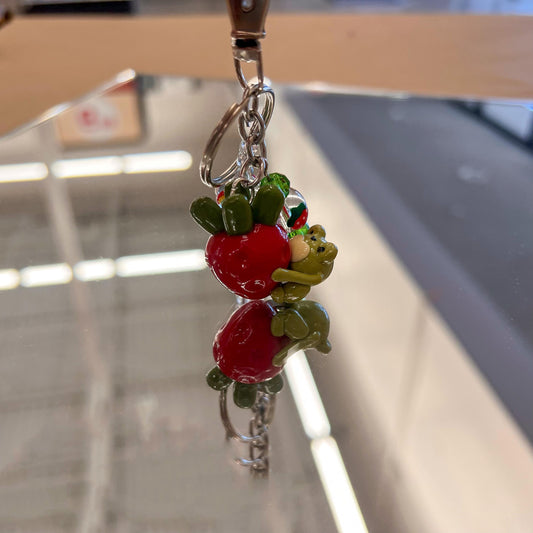 Frog Hugging A Strawberry Clay Keychain